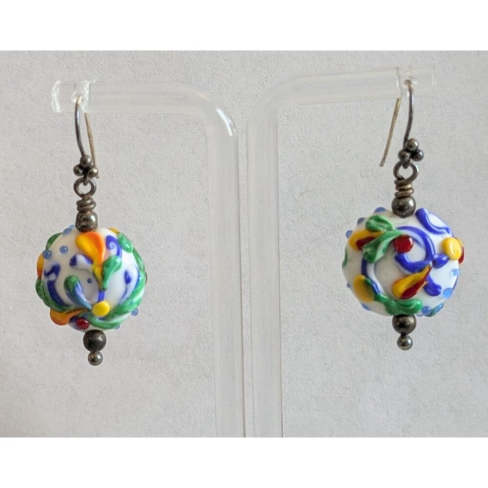 Hand Blown Glass Bead Earrings Colorful Swirls Sterling Silver Hooks - Picture 10 of 13